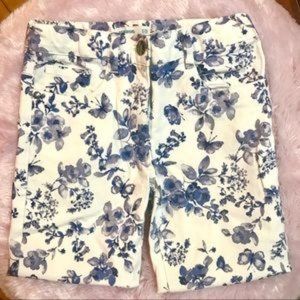 Blue and white floral denim shorts
